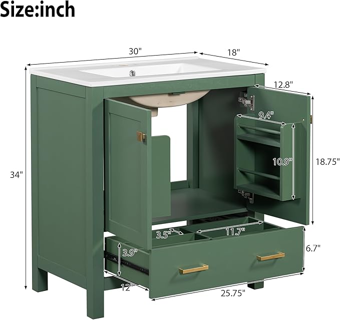 Bellemave 30" Bathroom Vanity with Sink Combo Set, Solid Wood Frame Bathroom Storage Cabinet with a Drawer, 2 Soft Closing Cabinet Doors with Organizer, Green