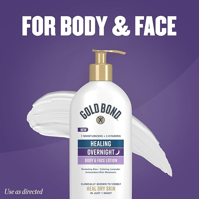 Gold Bond Healing Overnight Body & Face Lotion for Dry Skin, Nongreasy Moisturizer with Hyaluronic Acid, Aloe & Melatonin Works While You Sleep, 13 oz.