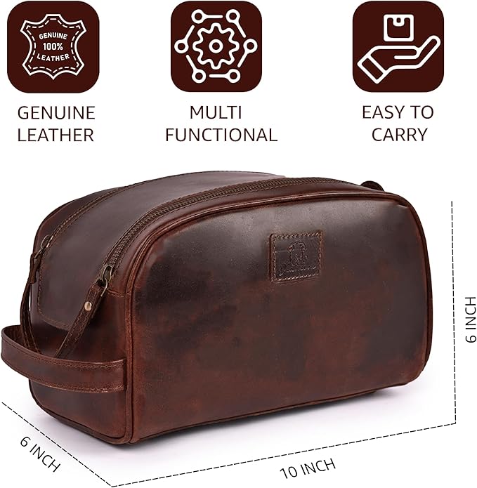 Premium Leather King Size Toiletry Travel Pouch – Handcrafted Dopp Kit with Waterproof Lining, Spacious Design for Travel Essentials, Elegant Cherry Finish
