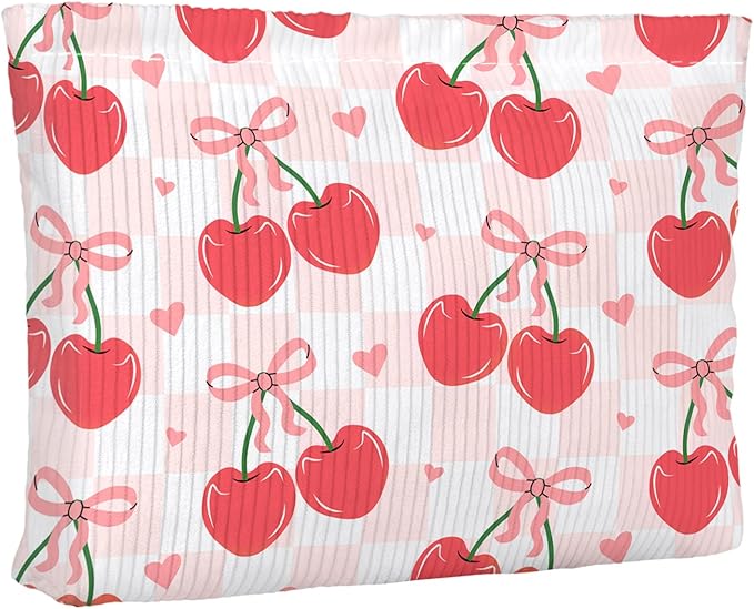 Ksriylm Cute Red Plaid Cherry Bow Knot Makeup Pouch for Women Small Make Up Check Cherries Bows Bag for Purse Zipper Initial Makeup Cosmetic Bags Pouches for Purse Aesthetic Travel Toiletry Bags