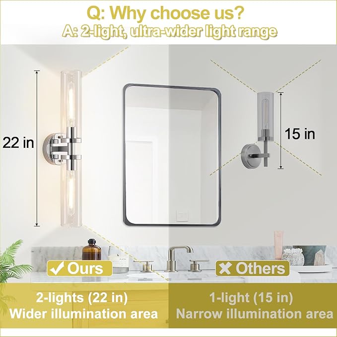 Wall Sconces Set of Two, Chrome Bathroom Sconces Wall Lighting with Clear Glass, Modern Sconces Wall Decor Set of 2 Bathroom Light fixtures for Mirror Living Room Hallway Bedroom
