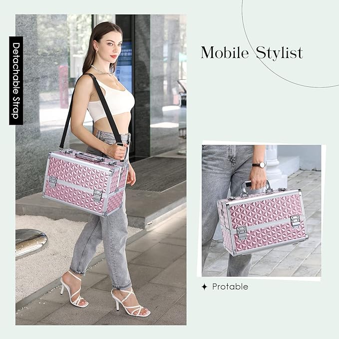 Joligrace Makeup Train Case Professional Cosmetic Organizer Aluminum Storage Box with 4 Adjustable Dividers Trays Lockable Portablewith Shoulder Strap - Neutral Pink