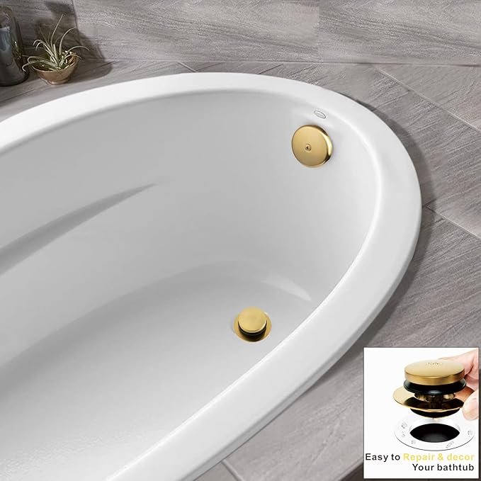 Artiwell Universal Tip Toe Bath Drain Stopper and Cover, Bathtub Drain Stopper, Replaces Lift and Turn, Tip-Toe and Trip Lever Drains for Tub, EZ Installation and Clearing (Brushed Gold)