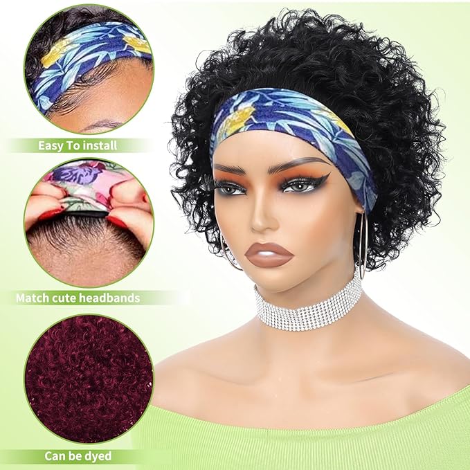 Headband Wig Human Hair Wigs for Black Women Short Curly Human Hair Put on and Go Glueless Wig Natural Black Curly Headband Wigs 8inch