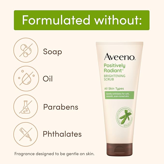 Aveeno Positively Radiant Skin Brightening Exfoliating Daily Facial Scrub, Moisture-Rich Soy Extract, helps improve skin tone & texture, Oil-& Soap-Free, Hypoallergenic, Travel Size, 2 oz (Pack of 6)