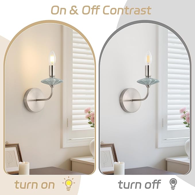 Modern Retro Wall sconces Set of Two with Green Ceramic Flower Decoration,Brushed Nickel Wall Lights, Hardwired Vintage Vanity Light for Bathroom, Living Room, Bedroom, and hallways.