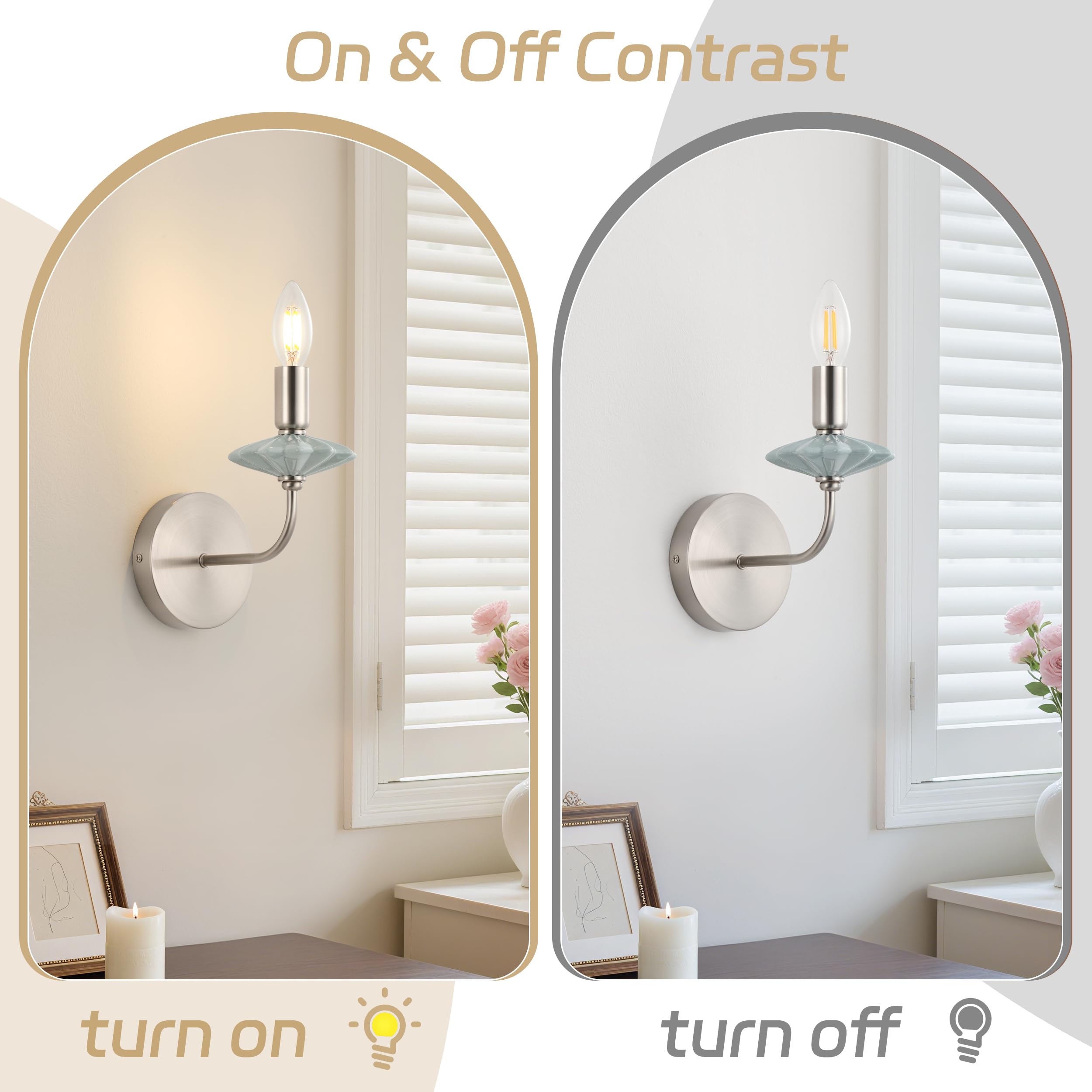 breomo Wall sconces Set of Two with Green Ceramic Flower Decoration,Brushed Nickel Wall Lights, Hardwired Vintage Vanity Light for Bathroom, Living Room, Bedroom, and hallways.