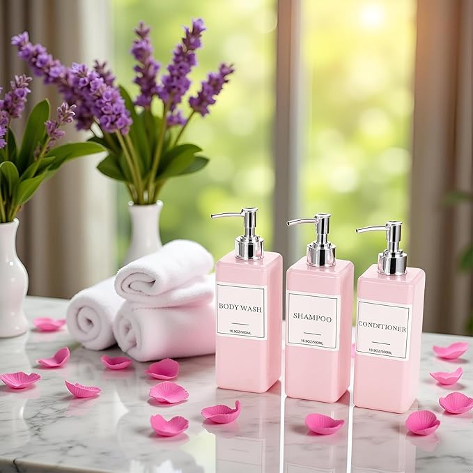 Shampoo and Conditioner Dispenser for Shower, Refillable Shampoo and Conditioner Bottles Body Wash Dispenser with Waterproof Labels, 3PCS 16.9oz Soap Dispenser Bathroom Pink Silver Empty Pump Bottle