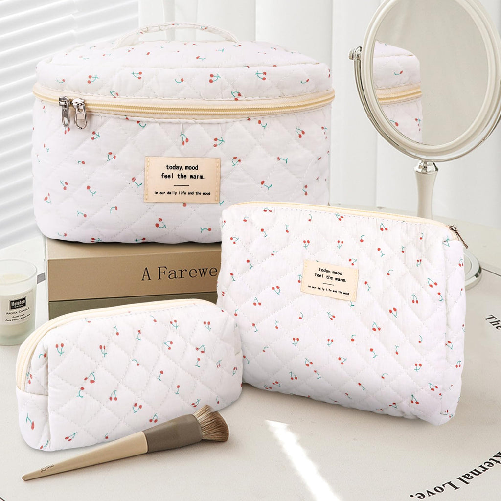 GISMTR 3Pcs Cotton Quilted Makeup Bag Large Travel Cosmetic Bag Coquette Makeup Pouch Cute Aesthetic Floral Toiletry Bag for Women Girls (cherry-B)