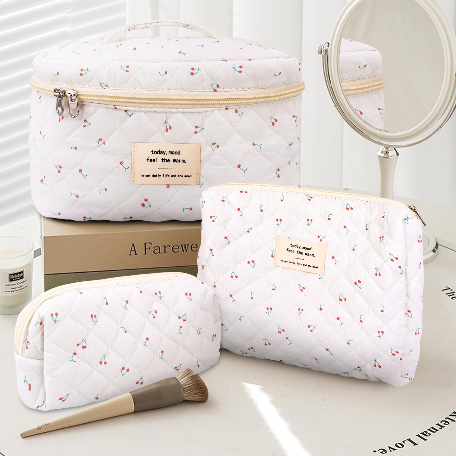 GISMTR 3Pcs Cotton Quilted Makeup Bag Large Travel Cosmetic Bag Coquette Makeup Pouch Cute Aesthetic Floral Toiletry Bag for Women Girls (cherry-B)
