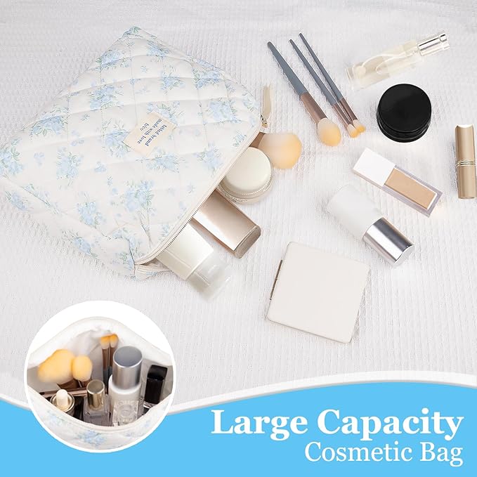 Gosect Floral Makeup Bag, Large Cosmetic Bag for Women Girls, Cute Cotton Makeup Pouch, Quilted Makeup Bags, Flower Travel Toiletry Organizer Bag(Blue Rose)