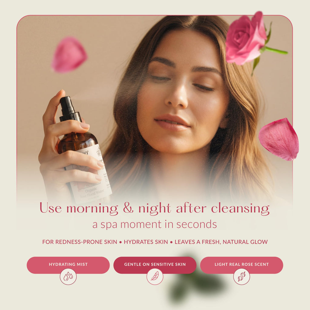 HBNO California Bottled Organic Rose Water for Face 4 fl oz (120ml) - USDA Certified Organic Rose Water Spray for Cleansing- Pure Rosewater for Hair - Rosewater Face Mist