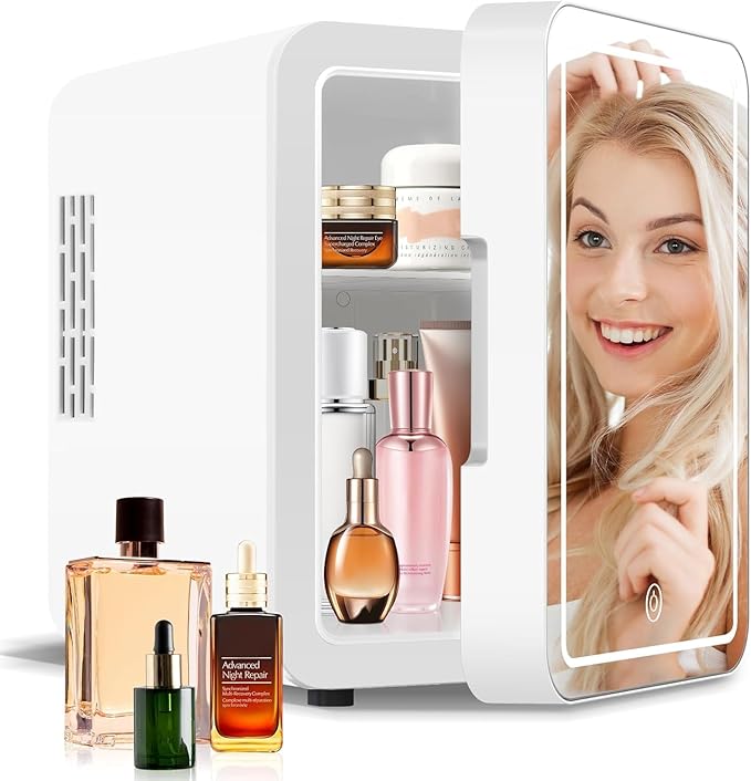 Lispin Mini Fridge for Bedroom, 4L Skincare Fridge with Dimmable LED Light Mirror for Dorm & Office, Portable Cooler & Warmer Small Compact Refrigerator for Skincare, Makeup and Cosmetics