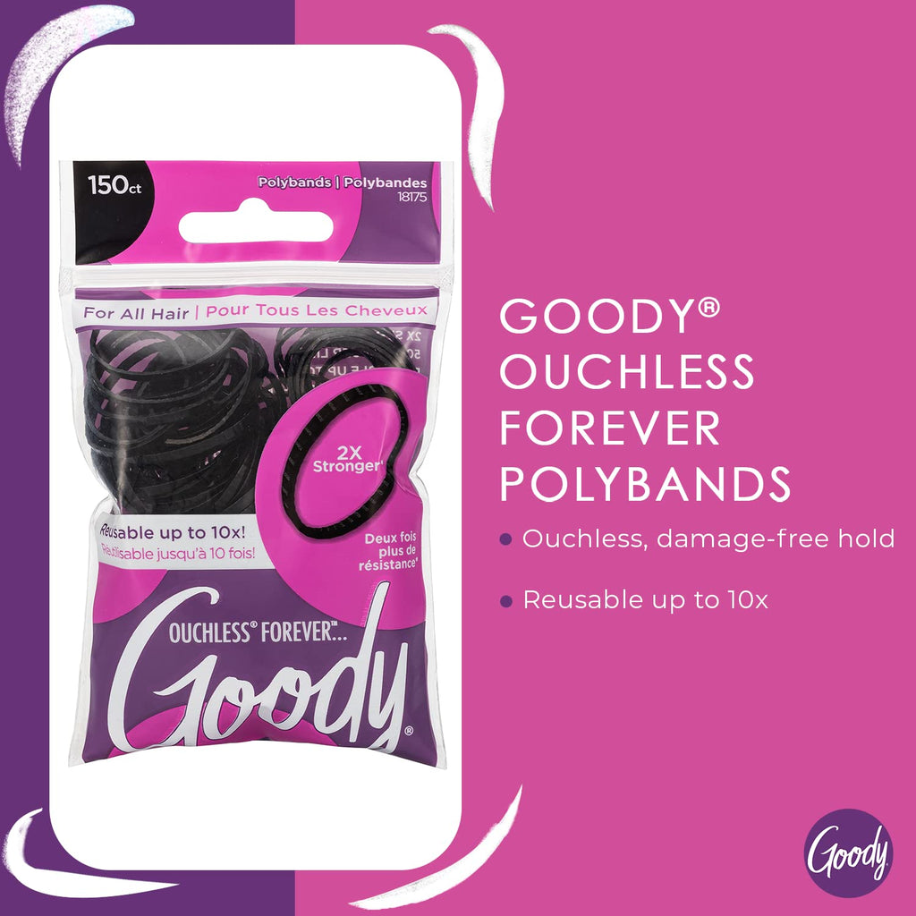 Goody Ouchless Womens Polyband Elastic Hair Tie, 150 Count, Black, Fine Hair Accessories, Style with Ease and Keep Your Hair Secured, Perfect for Fun and Unique Hairstyles, Pain-Free