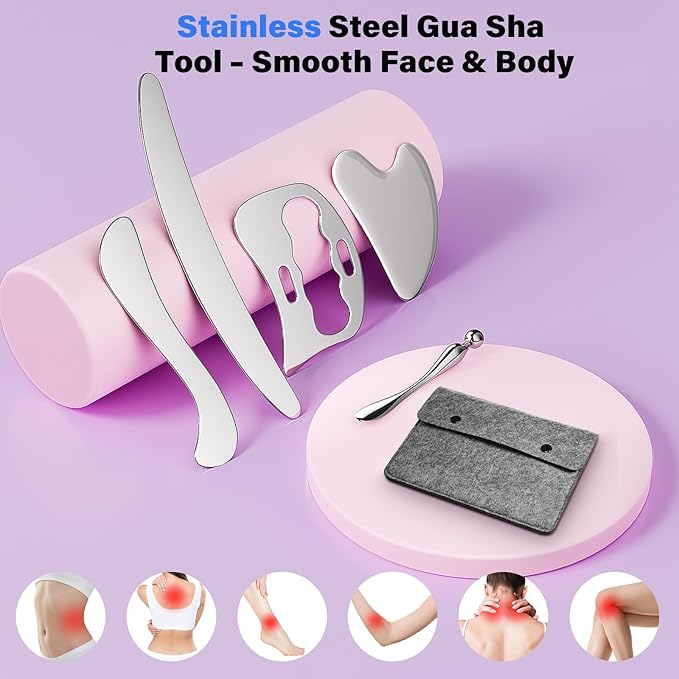 304 Stainless Steel Guasha Muscle Scraper Set, 5 in 1 Gua Sha Massage Kit and Derma Edge Scraping Tools for Physical Therapy- Deep Tissue Massage Scraper Tool for Body and Face Relaxation (Grey)