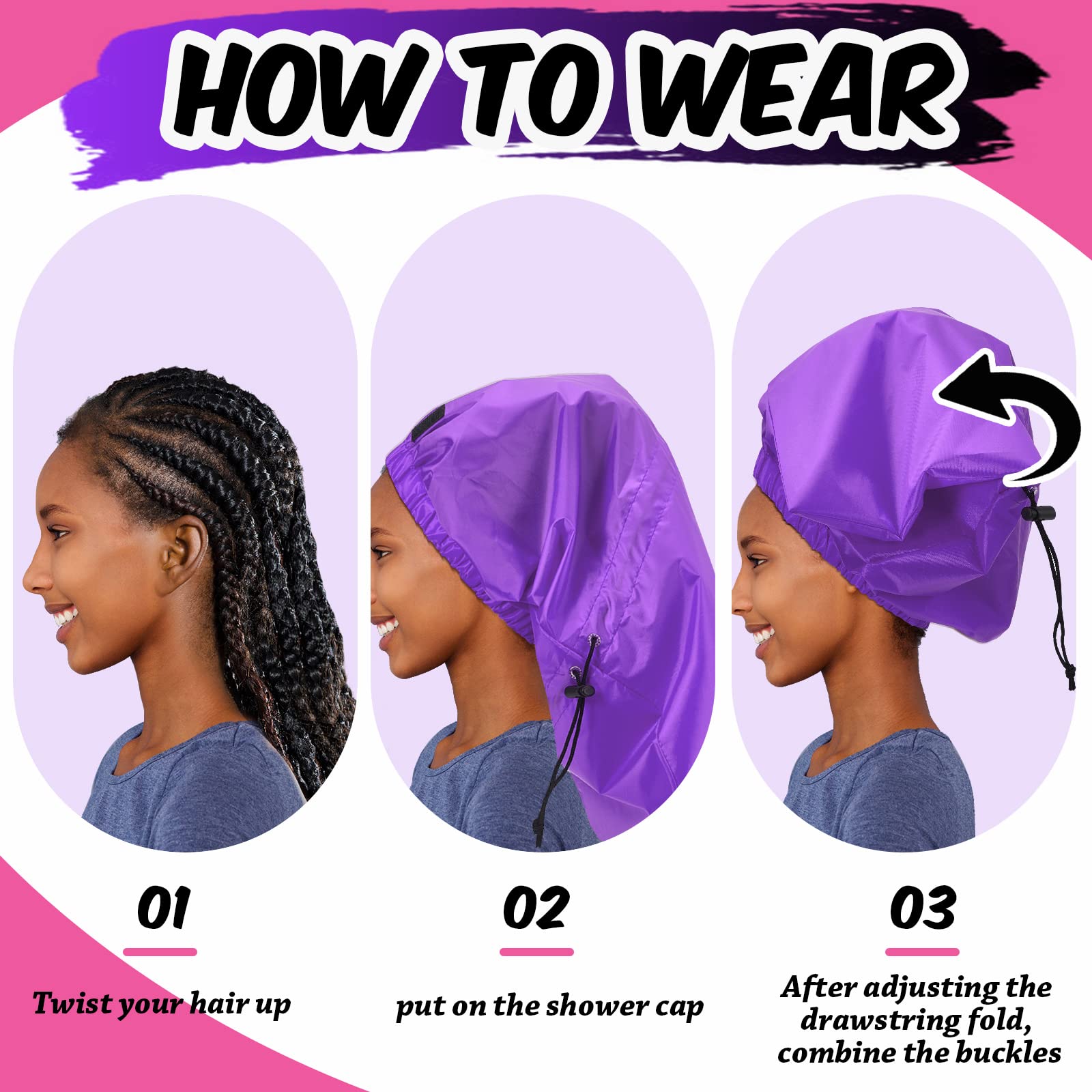 SATINIOR 2 Pcs Extra Large Braid Shower Cap Jumbo Shower Caps for Braid Waterproof Adjustable Reusable Bath Cap with Drying Loop, Hair Bonnets for Women Long Hair Dreadlock Curls Extensions(Classic)