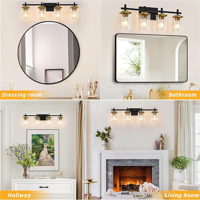 4-Lights Black and Gold Bathroom Vanity Light, Modern Bathroom Wall Sconces Lighting with Clear Glass Shade, Gold Vanity Lights for Bathroom Bedroom Living Room Porch