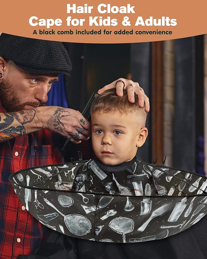 Lilian&Gema Hair Cutting Cape, Adjustable Haircut Cape Umbrella, Waterproof Hair Cloak Barber Cape, Foldable Hairdressing Umbrella Cape with Black Comb for Adults and Kids, Salon and Home Use