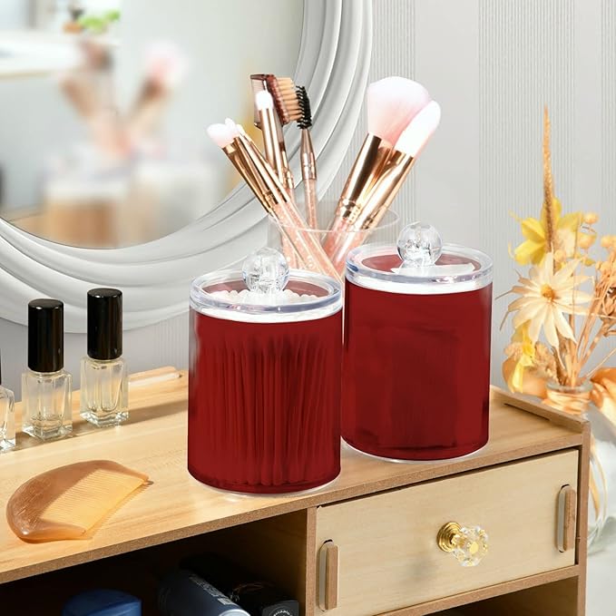 Fire Brick Qtip Holder Organizer Dispenser Cotton Swabs Cans Plastic Jars with Lid Set 2 Pack Bathroom Storage Canister for Cotton Ball Floss Cotton Pads