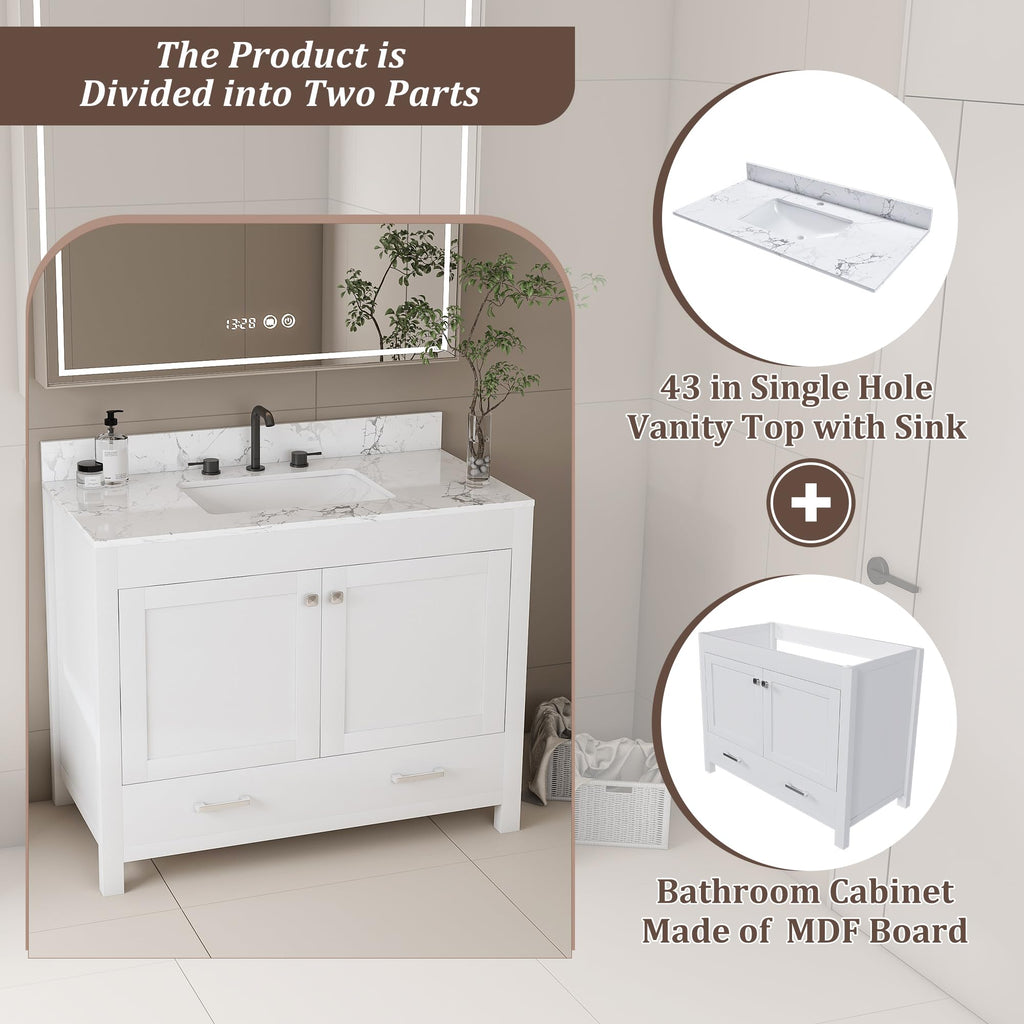 Montary 42" Bathroom Vanity with 43" Artificial Marble Carrara White Top, Modern Stylish MDF Bathroom Storage Cabinet, Vanity Set with 2 Doors and One Large Divided Drawer, White (Three Holes)