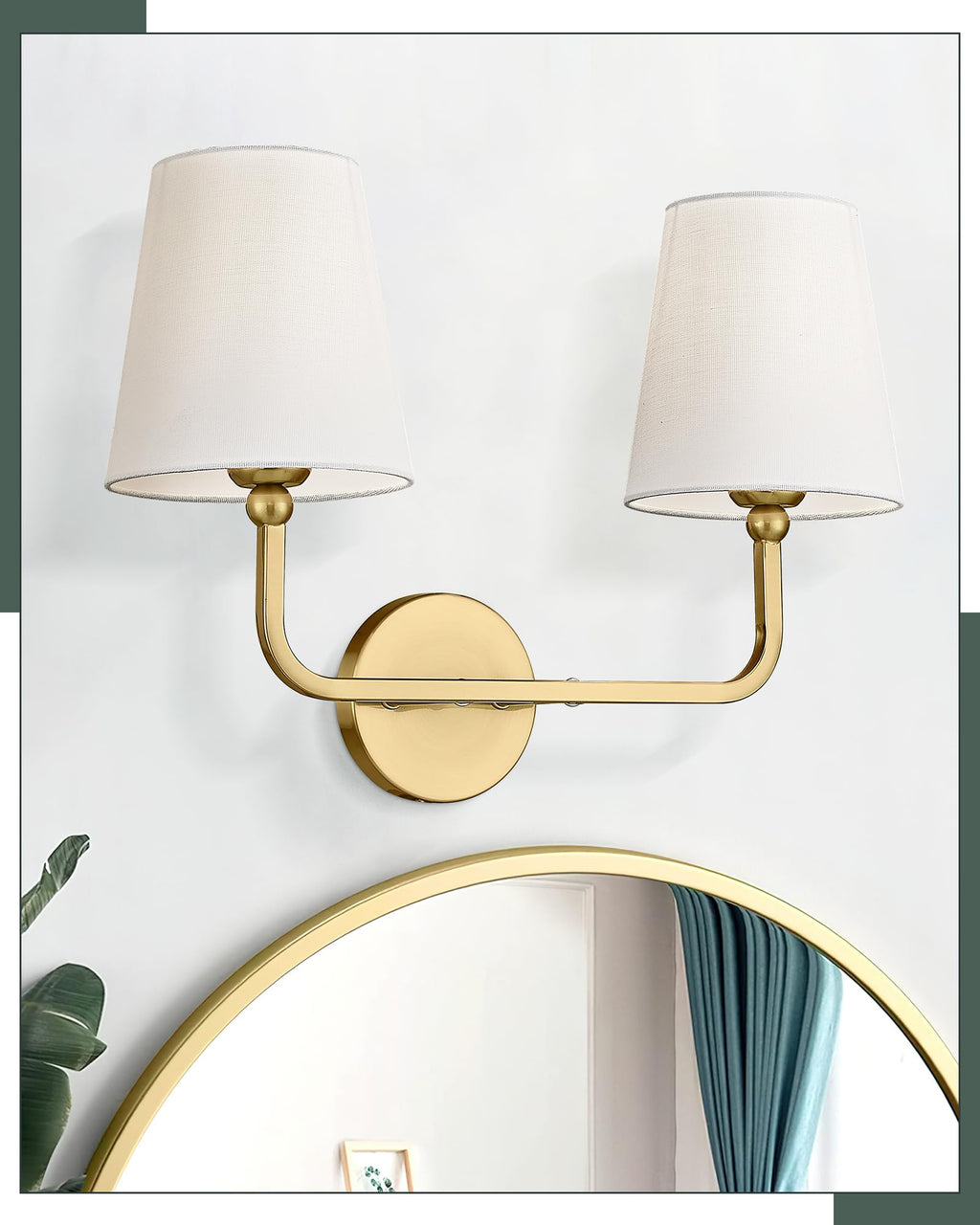METWET 2 Light Bathroom Vanity Light, Brushed Gold Double Wall Sconce with Flared White Fabric Shade, Modern Sconces Wall Lighting for Hallway Bedroom Stairway, VL837-BG