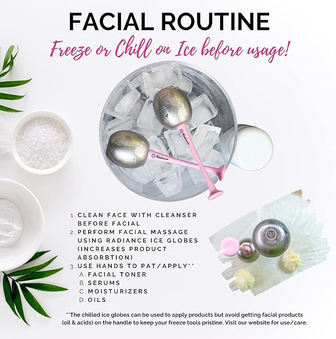 RADIANCE Ice Globes for Facials Skin Care - Cryo Globes, Non Shatter, Face Cooling Cold Stainless Steel, Cryo Freeze Tool Roller for Depuffing Eyes, Face Massage with a Storage Case & Polish Cloth