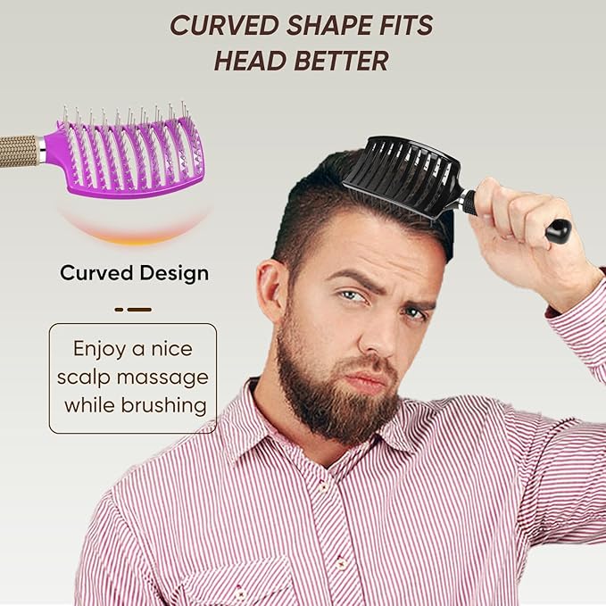 Kertiberif 2 Pack Curved Vented Detangling Brush for Wet and Dry Hair, Paddle Styling Hair Brush for Faster Blow Drying, Detangler Brush for Women Men Curly Thick Hair
