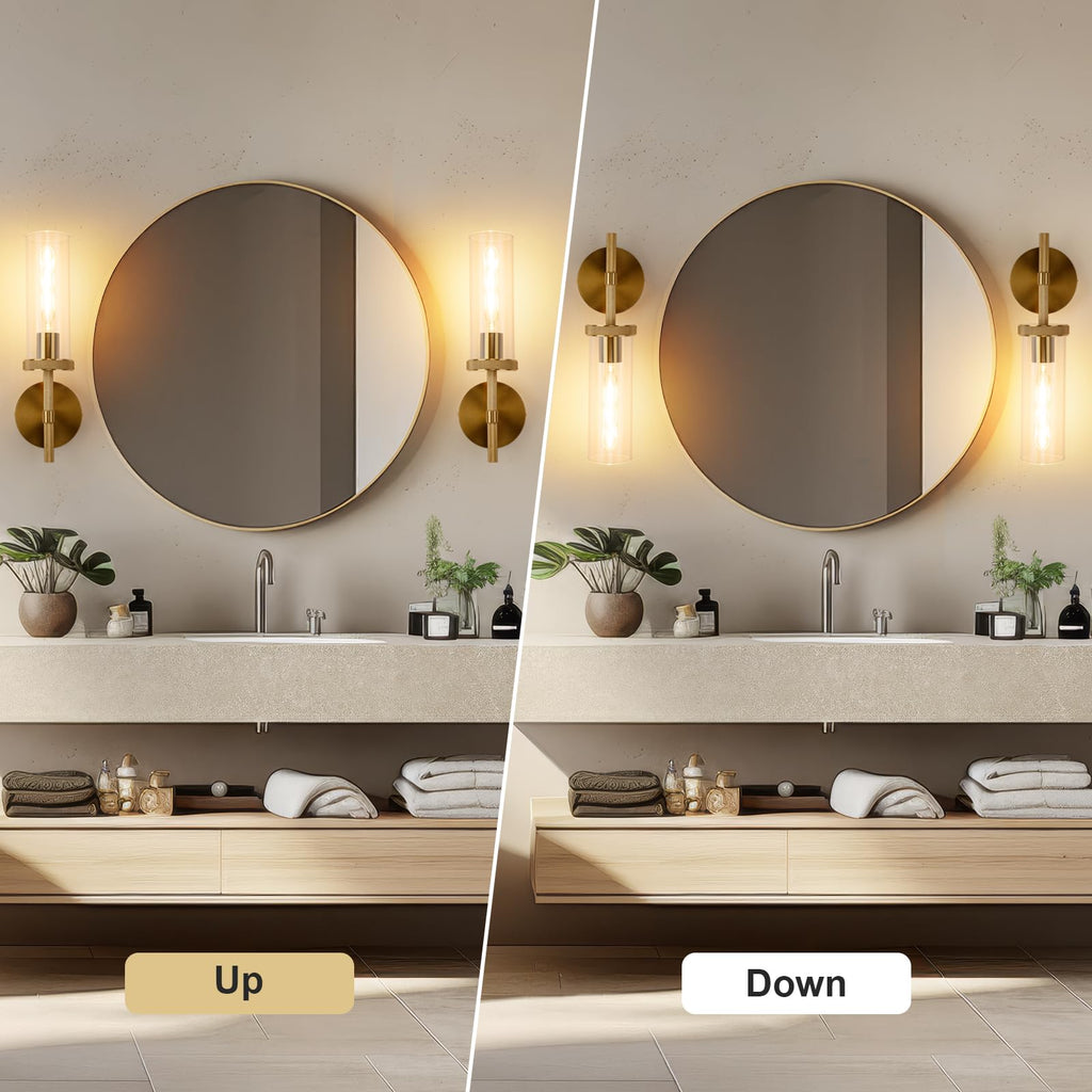 Micstar 15" Knurled Gold Hardwired Wall Sconces Set of 2, Bathroom Vanity Light Fixtures with Clear Glass Tube, Modern Lamp Lighting for Bedroom, Living Room, Hallway, Staircase, Mirror, Kitchen