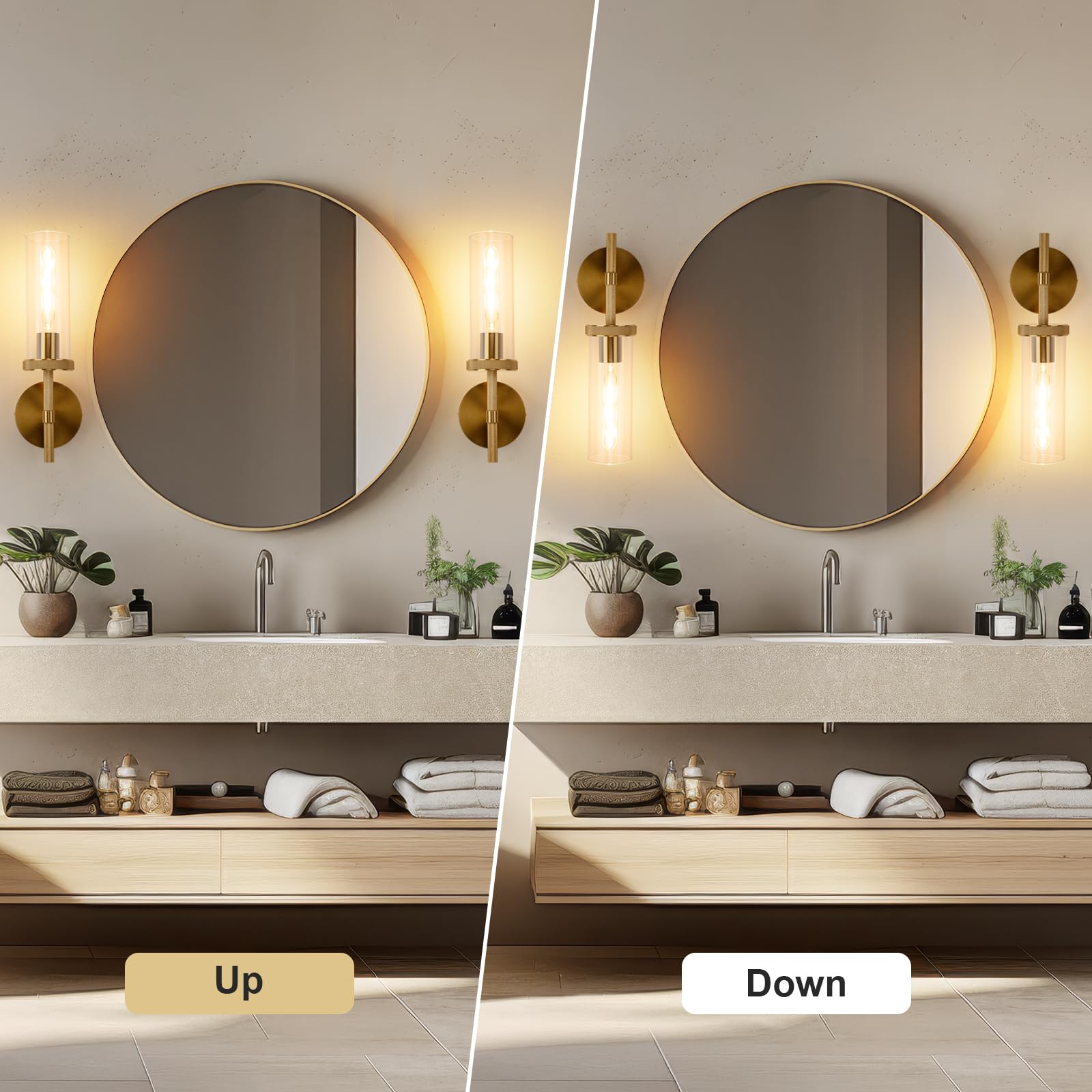 Micstar 15" Knurled Gold Hardwired Wall Sconces Set of 2, Bathroom Vanity Light Fixtures with Clear Glass Tube, Modern Lamp Lighting for Bedroom, Living Room, Hallway, Staircase, Mirror, Kitchen