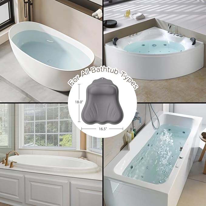 Bath Pillow for Tub, Adjustable Silicone Bathtub Pillows for Head and Neck, 0"–2.3" Neck Support, 34 Suction Cups, Easy to Clean, No Machine Wash Needed (Dark Gray)