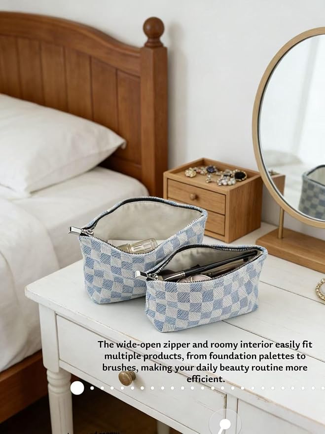 RIKMOXR 2-Pack Blue & White Checkered Makeup Bag Set - Large Capacity Cosmetic Organizer Pouch | Travel Toiletry Bag & Purse Organizer for Women Girls