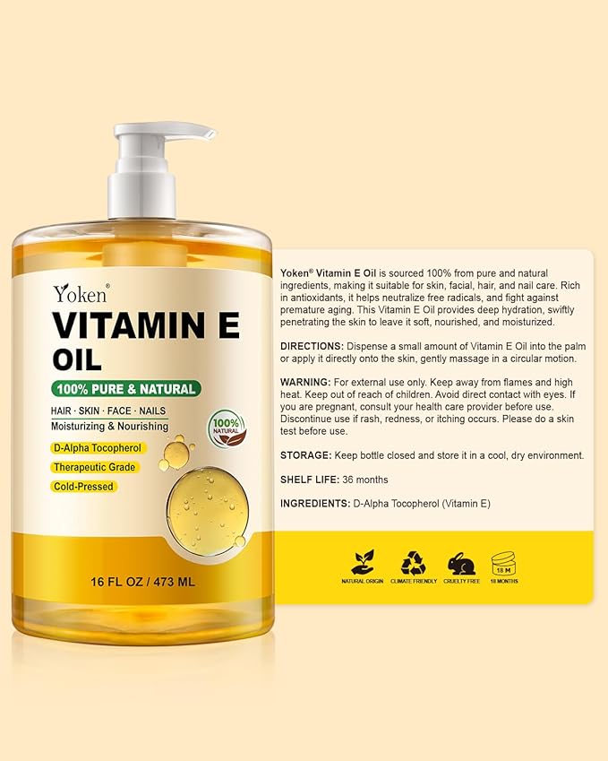 Yoken Vitamin E Oil for Skin 16 Oz Body Bath DIY oils for Face Cold Pressed