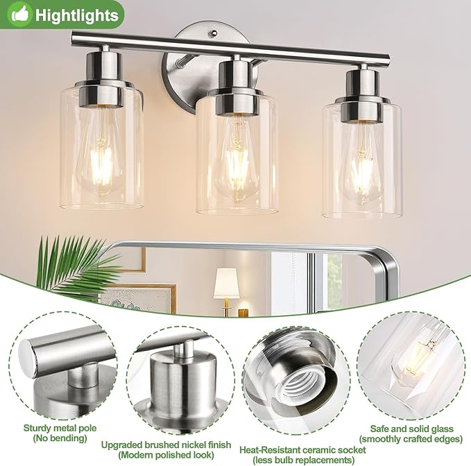 Zarbitta 3-Light Bathroom Light Fixtures, Brushed Nickel Vanity Light, Farmhouse Wall Lights with Clear Glass Shade, Bathroom Wall Lamp for Mirror Kitchen Bedroom Hallway Living Room Hallway Cabinet