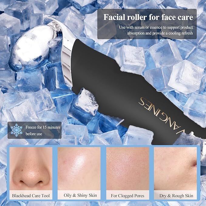 Vangines Blackhead Remover Tool with Ice Roller, Stainless Steel Face Scraper, Skin Scrubber Face Spatula for Deep Cleansing, 3-in-1 Skin Care Tool with 2 Silicone Brush Heads (Charcoal Black)