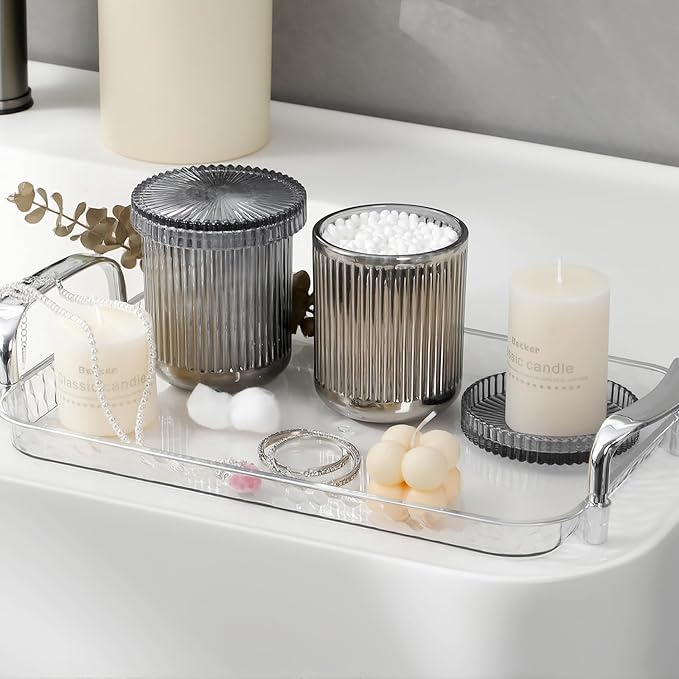 rejomiik Glass Qtip Holder Dispenser, Bathroom Canister Apothecary Jars with Lids, Vanity Makeup Accessories Storage Organizer for Cotton Swabs, Cotton Balls, Pads, Floss Picks, Gray