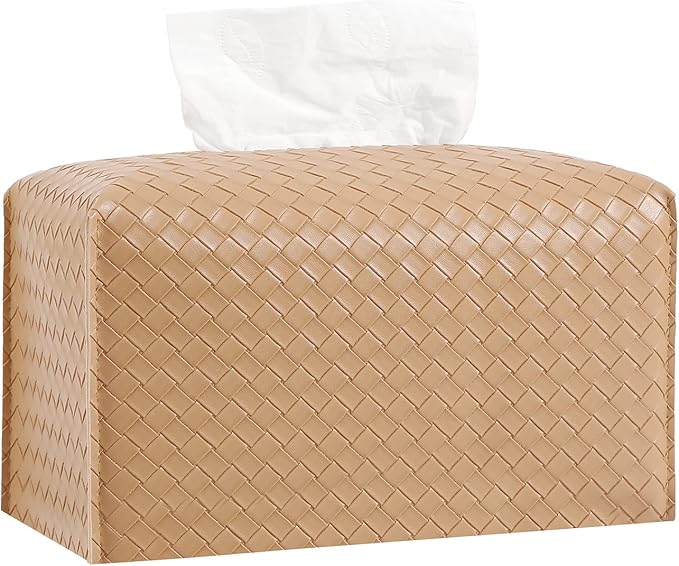 Tissue Box Cover PU Leather Tissue Holder Square Facial Tissue Case Facial Paper Organizer Dispenser for Bathroom, Vanity Countertop, Tabletop, Car, Rectangle, Khaki