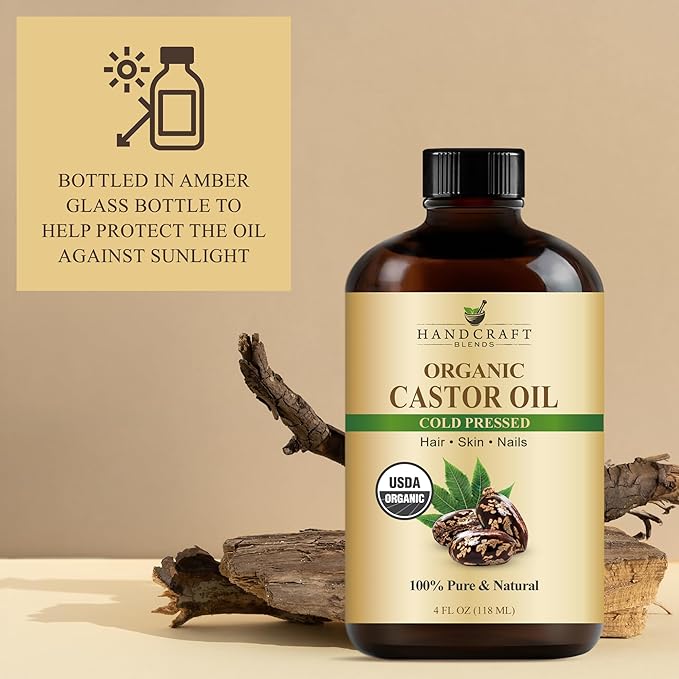 Handcraft Blends Cold-Pressed Organic Castor Oil 4 Fl Oz | Glass Bottle | Lash Brushes | 100% Pure and Natural | Premium Grade Carrier Oil | Hair, Eyelashes and Eyebrows | Hair and Body