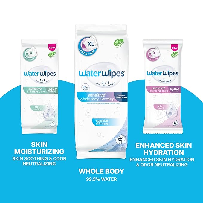 WaterWipes Sensitive Whole Body Cleansing Wipes, 99.9% Purified Water, XL Textured Wipes, Incontinence Care, Fragrance Free, 180 Count