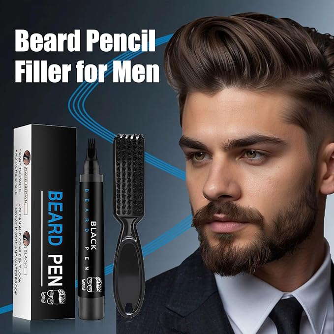 Beard Pencil Filler with Brush Smudge-proof & Water-proof Mens Grooming Kits Gifts for Men (Brown)
