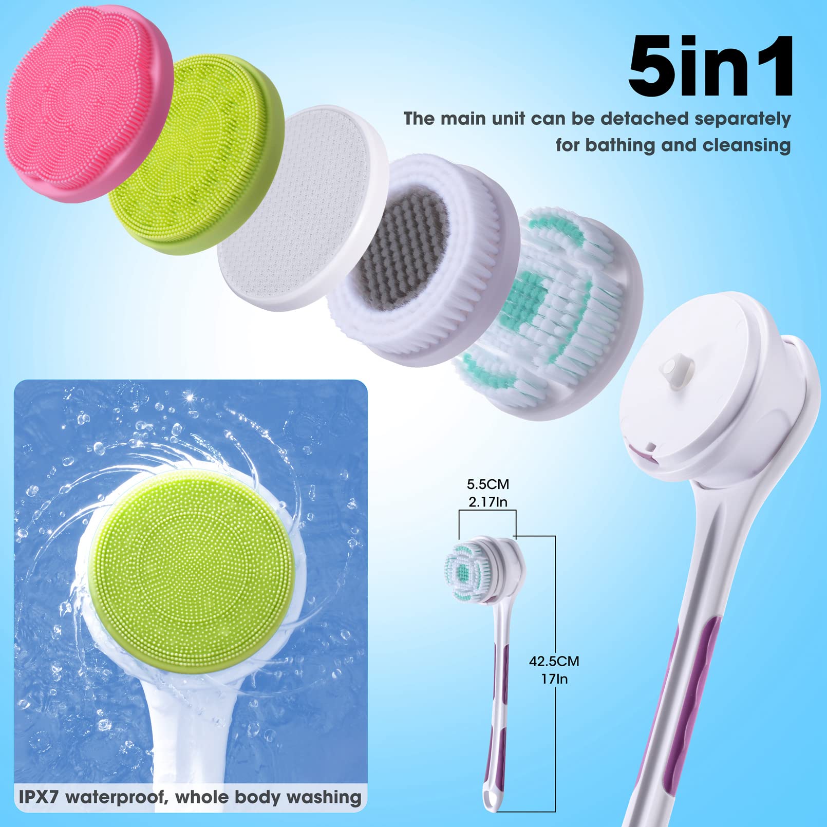 SoulBay IPX7 Electric Body Brush with 17" Handle, 5 Brush Heads