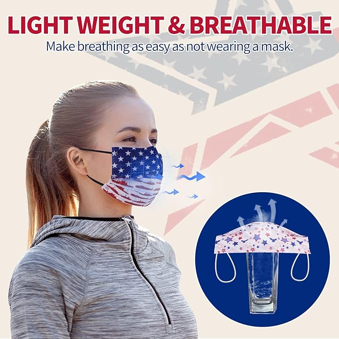 Disposable Face Mask for Adults - USA Flag Designs Masks, 4 Ply Masks Disposable 50 Pack, Colorful Dust Protective Breathable Individually Wrapped FaceMask for Women Men