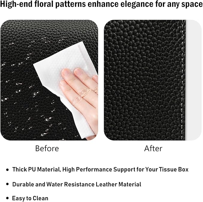 PARIERIS Tissue Box Cover PU Leather Tissue Holder Rectangle Facial Tissue Case Tissue Box Organizer Dispenser for Bathroom, Kitchen, Home, Office, Tabletop (Black, Tall)