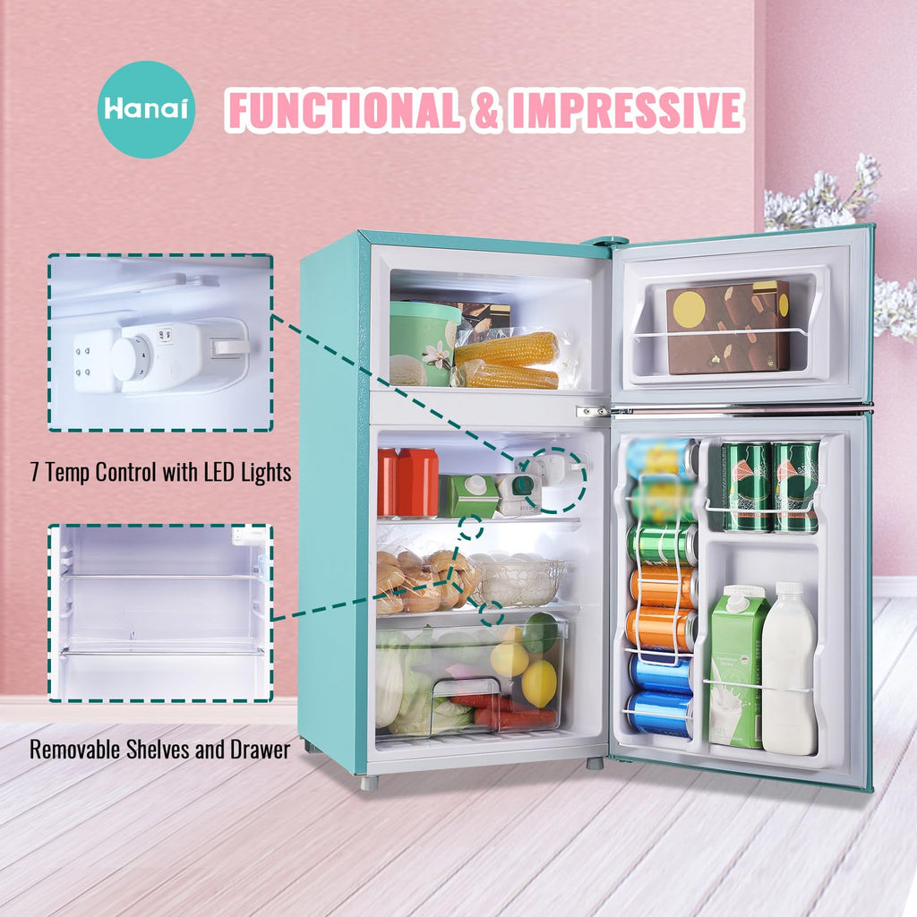 WANAI 3.5 Cu.ft Refrigerators Full-sized Fridge with Freezer Handles Blue Fridge Dual Door Classic Retro Refrigerator Removable Glass Shelves Adjustable Thermostat for Home Office Dorm RV