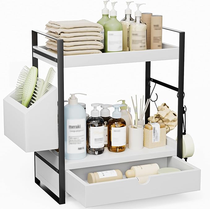 2-Tier Bathroom Counter Organizer, Acacia Wood Vanity Shelf with Drawer