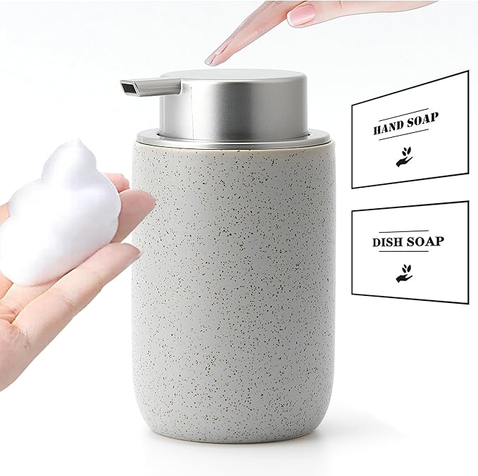 GIRLUFO Gray Foaming Soap Dispenser,Ceramic Foam Dispenser with Silver Plastic Pump for Bathroom&Kitchen,12oz Refillable Foaming Dispenser