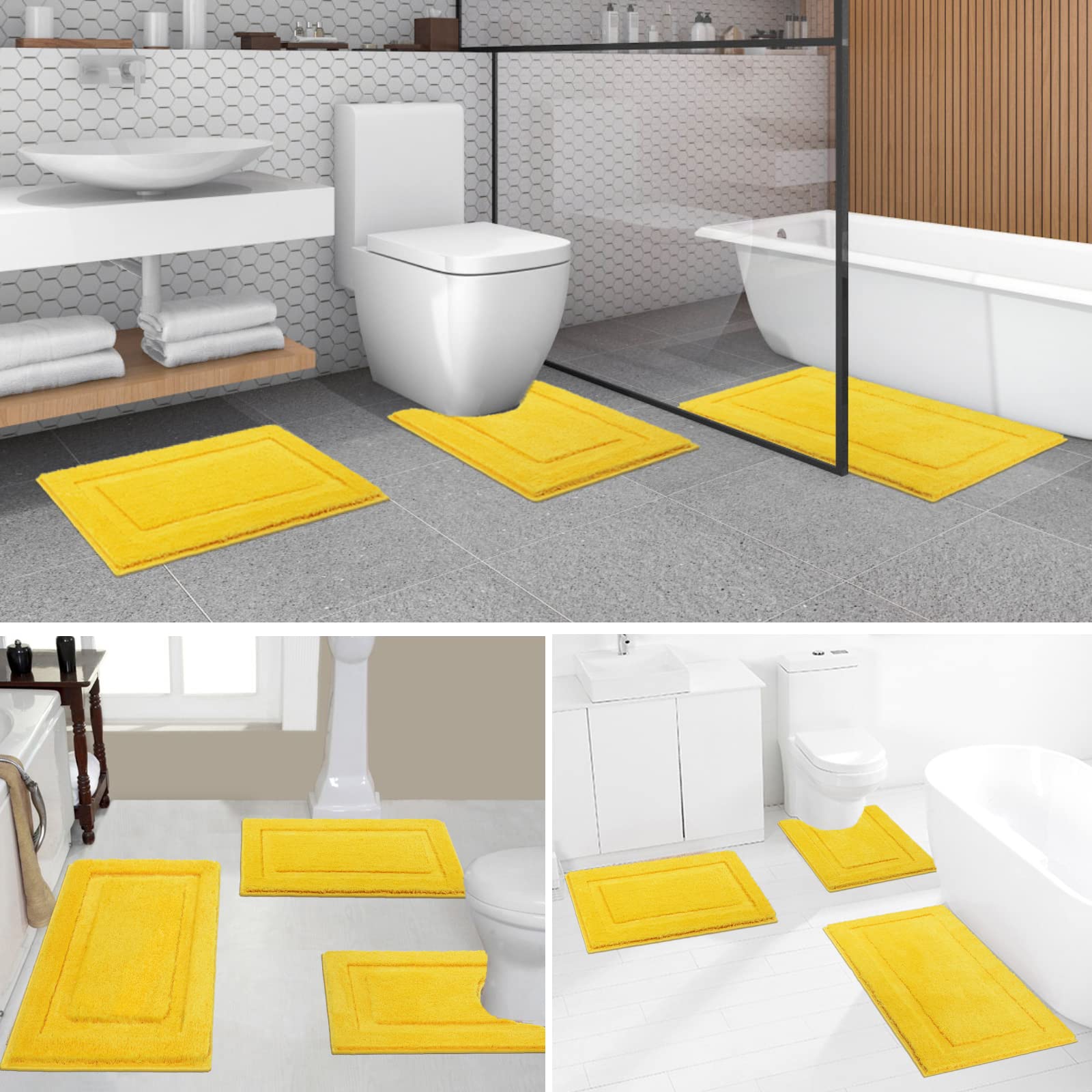 SHACOS Yellow Bathroom Rugs Sets 3 Piece Bath Mat U Shaped Toilet Rug