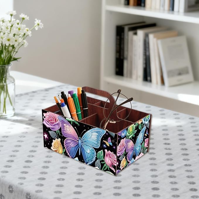 JZHYOAN DIY Flower Diamond Art Wooden Multi-Compartment Organiser Box with Handle Diamond Painting Cosmetic Storage Box for Adult Portable Wooden Storage Case for Storing Desktop Items