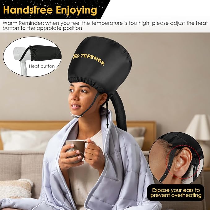 TEPENAR Bonnet Hair Dryer Attachment, Large - Black, Upgraded Soft Adjustable for Hand Held Hair Dryer, Fast Drying, Ideal for Natural Curly Textured Hair Care and Speeds Up Drying Time at Home