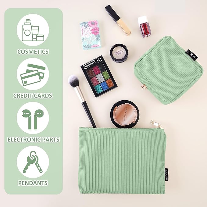 MAGEFY Small Makeup Bag, 2 Pcs Corduroy Makeup Bag for Purse Make Up Organizer Bag Mini Pouch with Slip-in Pockets Aesthetic Preppy Stuff - Green