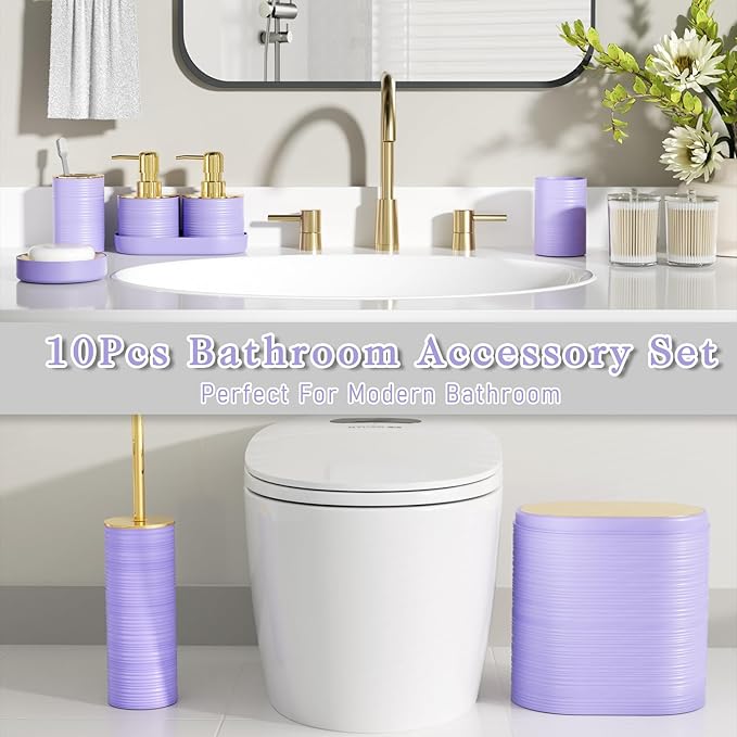 InnJoey Bathroom Set, 10PC Bathroom Accessory Set, Purple Bathroom Accessories, Purple and Gold Bathroom Set with Trash Can, Soap Dispensers